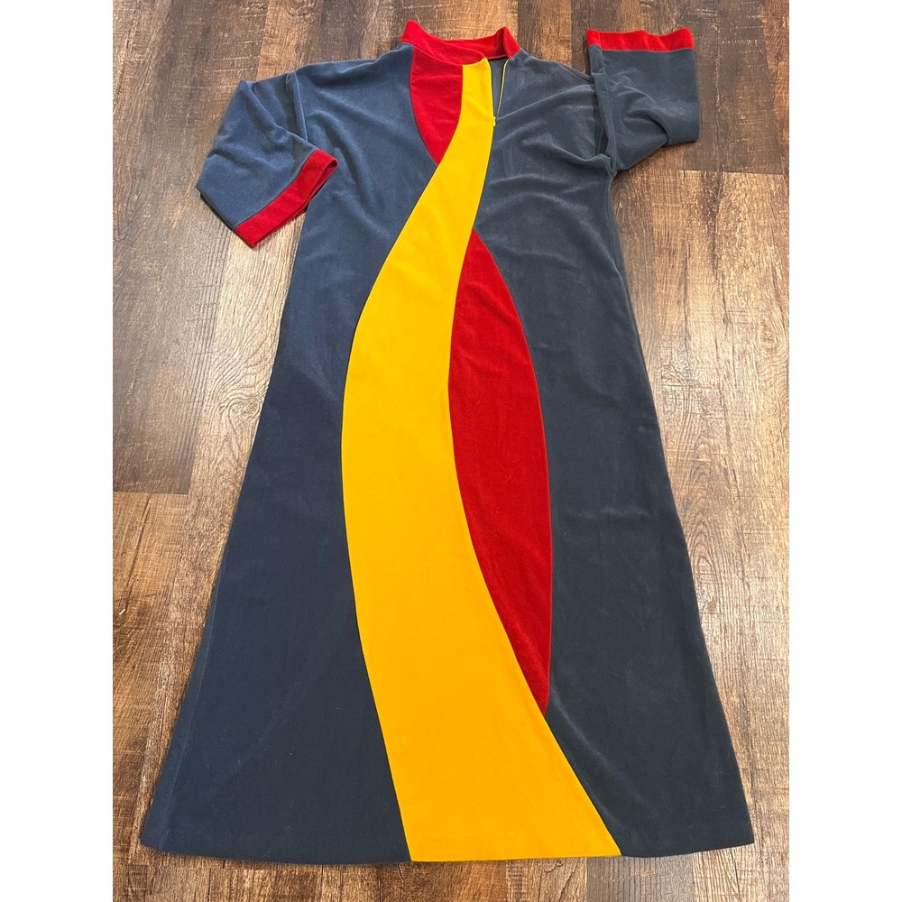 Vanity Fair Vintage Velour Maxi Robe Lounger Color Block Navy Red Yellow Medium